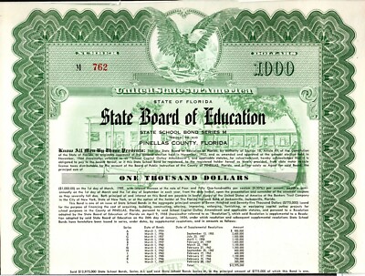 State Board of Education - Florida - Original Bond Certificate - 1968 -M762
