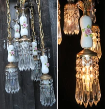 Vintage Capodimonte Pink ROSE porcelain Brass swag lamp chandelier HOLLYWOOD reg