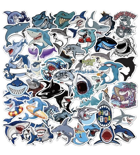50 Shark Theme Vinyl Stickers no Repeats For Notebook Helmet Scrapbook Kids Gift