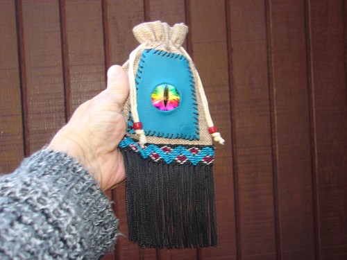 Native American Style Medicine Bag, Fringed Cloth Drawstring Pouch, Wolf, Tribal - Picture 2 of 8