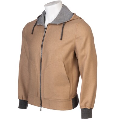 $6495 BRUNELLO CUCINELLI Reversible Tan Gray Cashmere Hooded