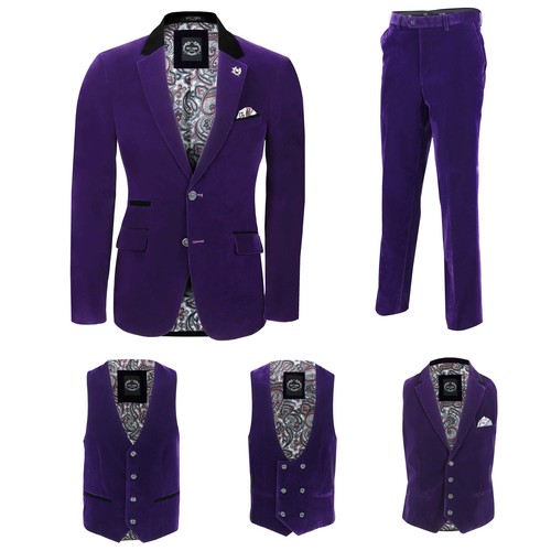 Mens Purple Velvet Vintage 3 Piece Suit Blazer Waistcoat Trouser Sold Separately - Picture 1 of 25