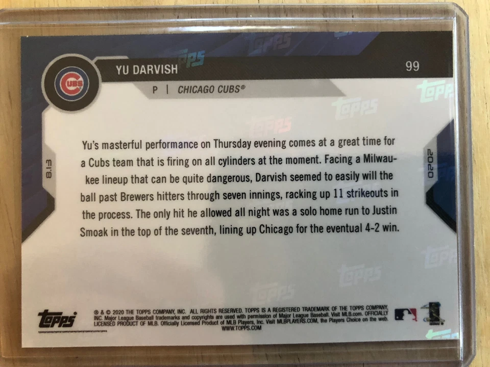 2020 Topps Now #99 - YU DARVISH Chicago Cubs - No-hitter to 7th - SP 519 MADE - Image 3 of 4