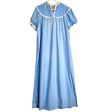 L L Bean Lanz Blue Granny Ruffle Eyelet Nightgown Vtg LARGE Cottagecore USA