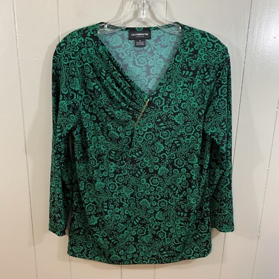 Liz Claiborne Career Green Floral Stretchy Comfort V Neck Knit Career Top S