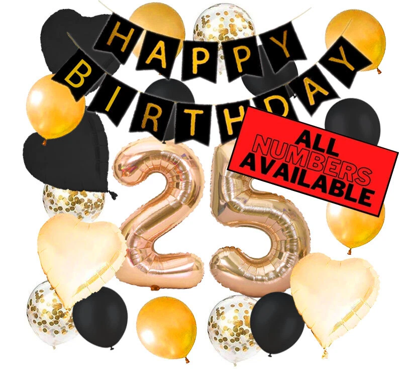 25th Birthday Decorations Gold and Black Theme Balloons