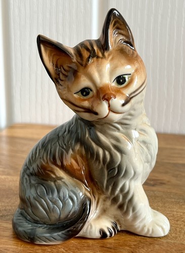 Vintage Tabby Tortie Cat Kitten Brown Grey Bone China Figure Ornament 4.5”