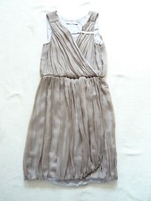 Zara BNWT 100% silk pleated dress Taupe Crossover Sleeveless Deep V neck UK 6/8