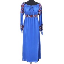 Anthropologie RD + Koko Maxi Dress Small Blue Floral Embroidery Off Shoulder
