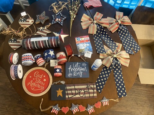 Patriotic USA Wreath Making Supplies Deco Mesh , Ribbon, Plaques, More Craft Lot