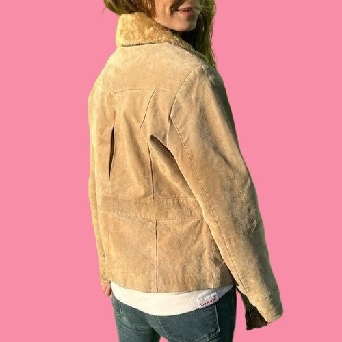 Vintage Y2K Mudd Suede Leather Fitted Coat Faux Fur Collar Zip Up Jacket Small - Picture 7 of 11