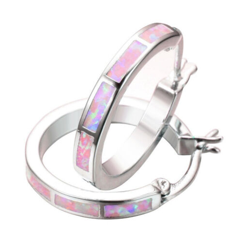 Fashion Silver Circle Red Simulated Opal Hoop Earrings Women's Wedding Gift - Picture 1 of 4