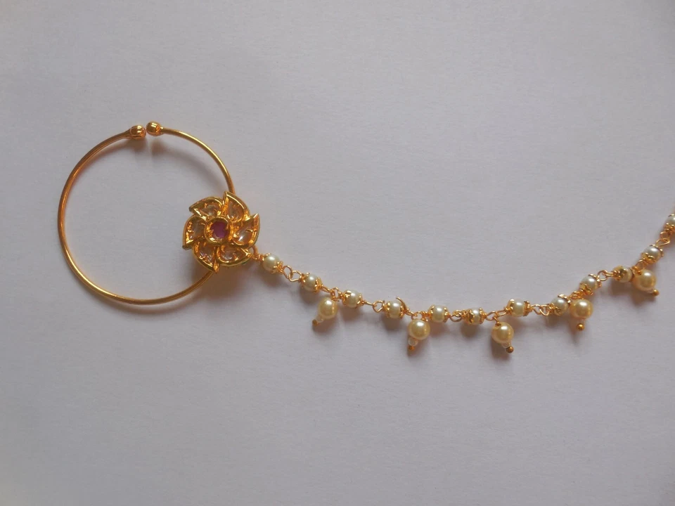 Gold Plated Kundan Nose Ring With Chain Nath Non Pierced Wedding Bridal Hoop - Image 4 of 4
