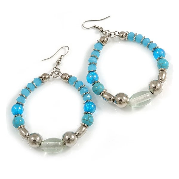 Pendientes de aro de cuentas de vidrio/cerámica transparente/azul claro/turquesa en plata Foto 3 de 4