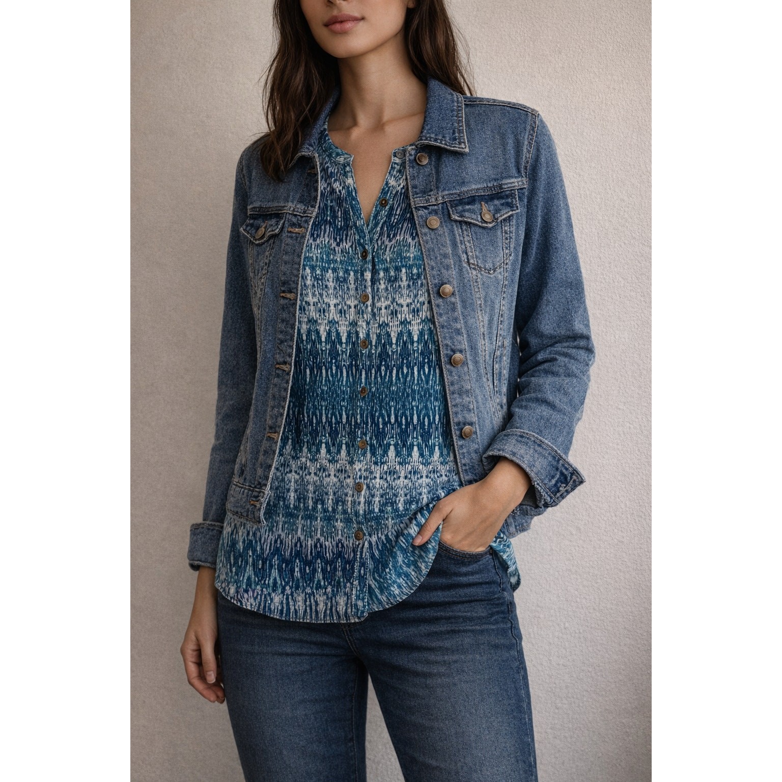 Indigo Blue Patterned Sleeveless Button Front Blo… - image 1