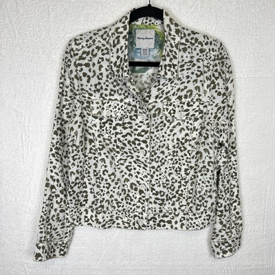 #ad Tommy Bahama 100% Linen Jacket Women#x27;s M White Raw Edge Leopard Print Pockets $39.95