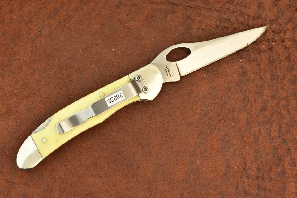MOORE MAKER MATADOR TEXAS MADE IN USA YELLOW DELRIN HAWKEYE LOCKBACK KNIFE 28233 - Image 4 of 4
