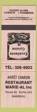 Matchbook Cover - Arret Camion Restaurant Marie Al Inc Manseau QC