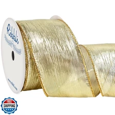 Ribbli Christmas Tree Ribbon-Champagne Gold Crinkled Wired with Metallic Gold
