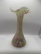 Murano-Style Hand Blown Art Vase Multicolored Swirl Pattern w/Ruffled Rim Top VG