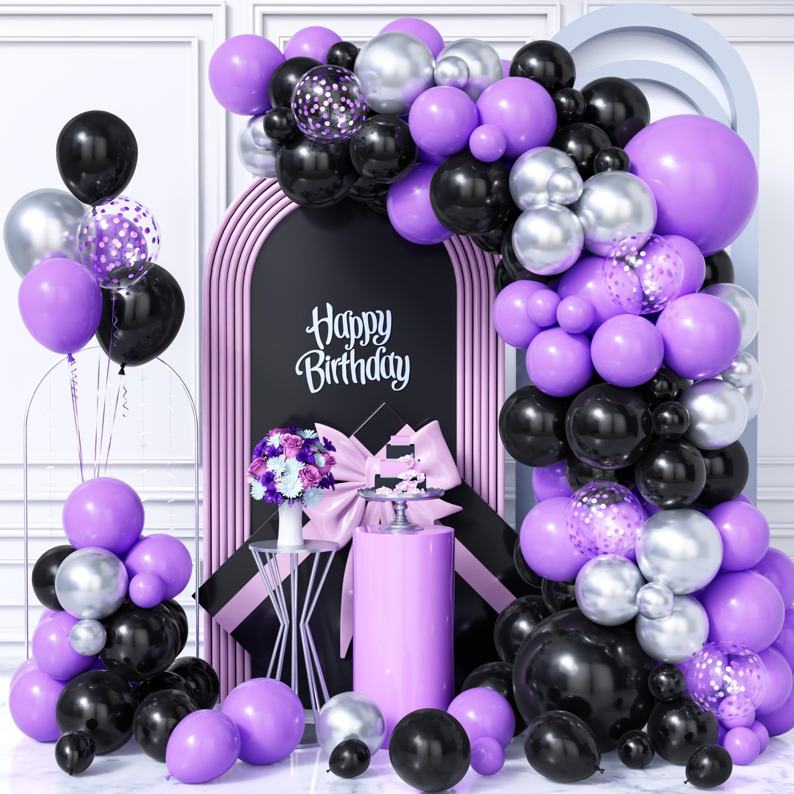 Arche de ballons noir violet et argent de 103 pièces pour fête