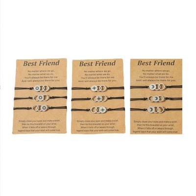 Stainless Steel Sun and Moon Star String Braided Friends Card Bracelet 3Pcs/
