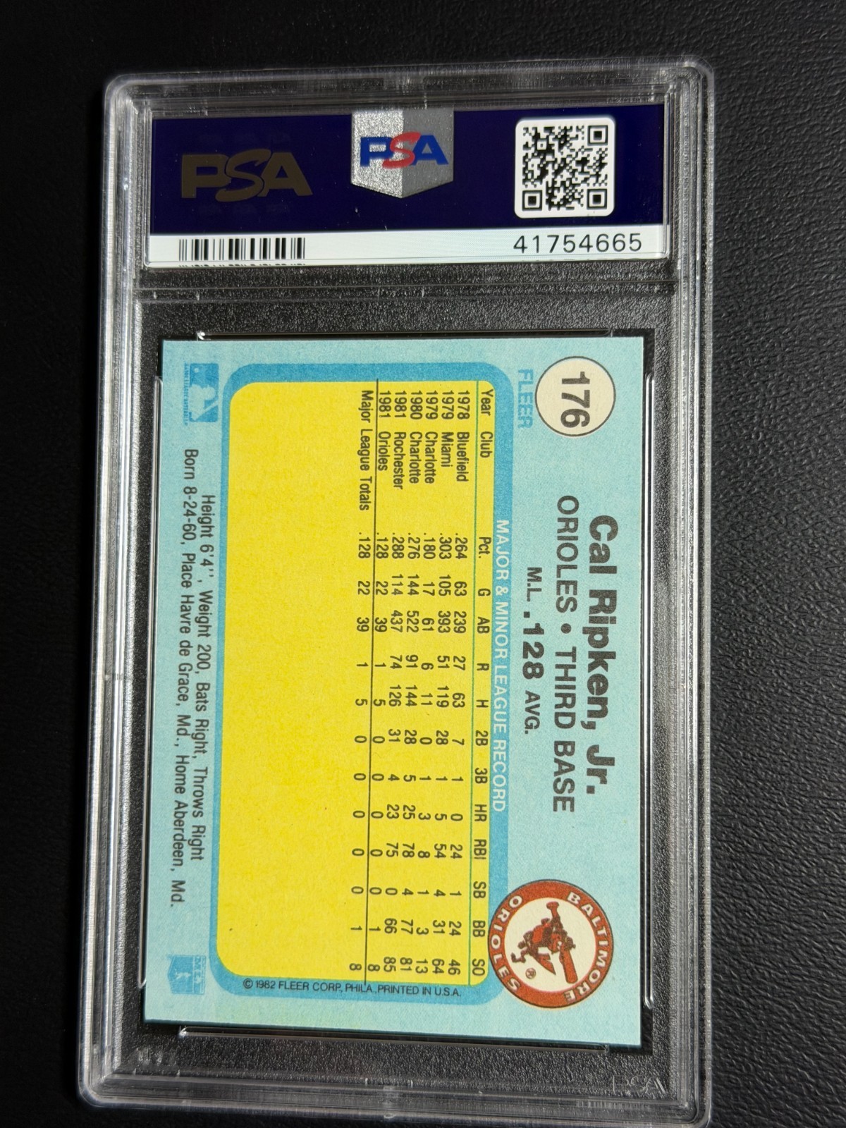 1982 TOPPS BASEBALL PSA 8 NM-MT #176 CAL RIPKEN, JR. ROOKIE CARD view 2