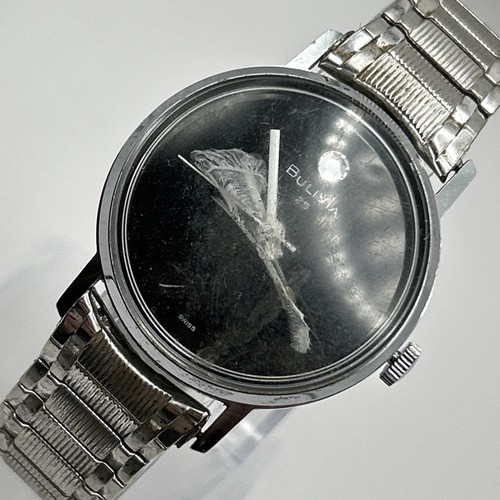 Vintage Bulivia 25 Men Watch Swiss Mechanical Silver Tone Black Dial Stretch 6.5 - Picture 1 of 11