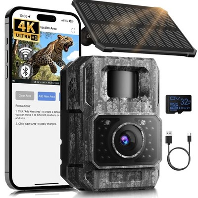 Solar Trail Camera WiFi Bluetooth - 4K 64MP Game Camera with 6000mAh Battery,...