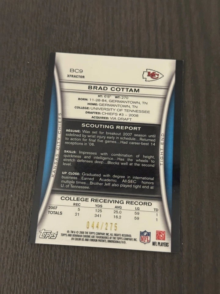 2008 Bowman Chrome X-Fractor /275 #BC9 BRAD COTTAM Football Card ROOKIE RC - Image 2 of 3