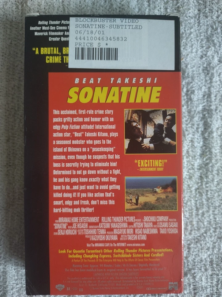 SONATINE (1993) VHS Tarantino Takeshi Kitano Japanese English Sub Ex Blockbuster - Image 2 of 4