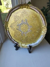 Florentine Brushed Gold Wooden Carved Tray Round Hollywood Regency Decor MCM