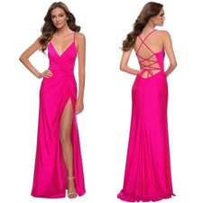 NWT La Femme Sz 4 Lace Up Leg Slit Dress Shiny Hot Pink Gown Prom Formal