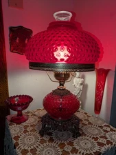 Vintage Accurate Casting 18" tall Cranberry Hobnail Table Lamp 10" wide. plug-in