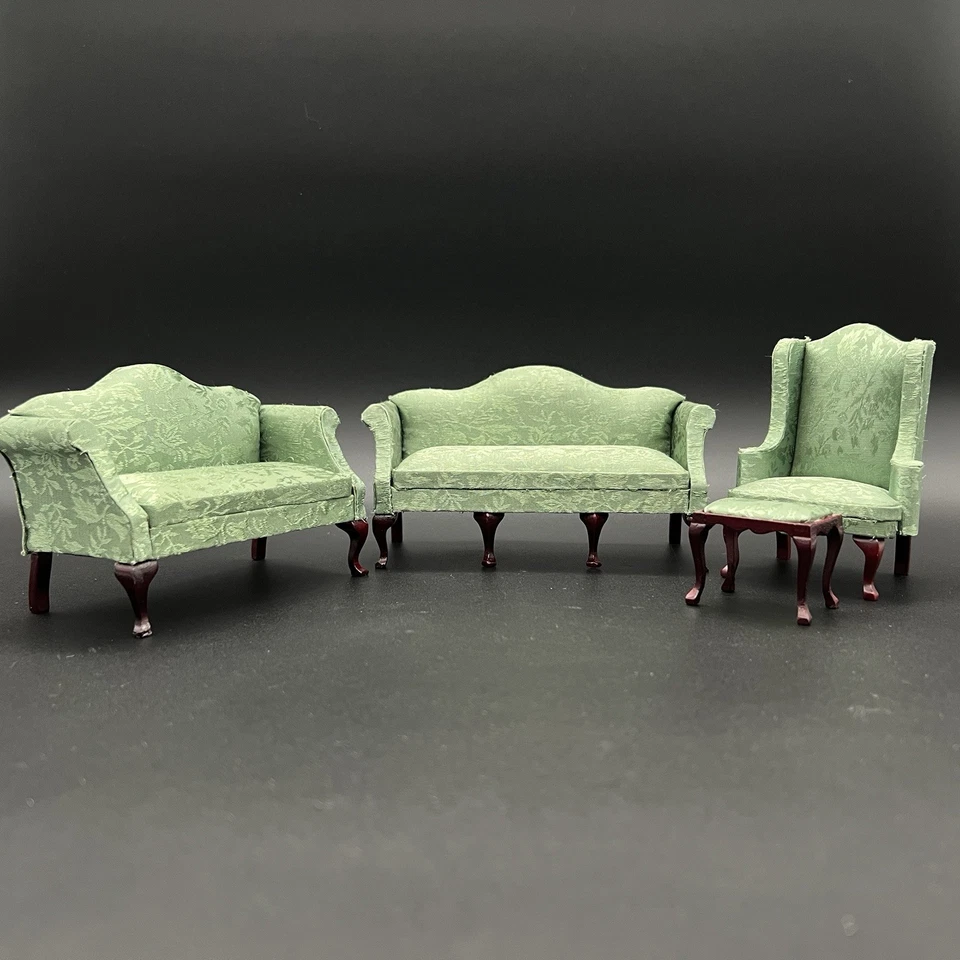 Набор из 4 предметов для гостиной Town Square Miniatures T3138 зеленая дамасская обивка с коробкой - Изображение 2 из 4