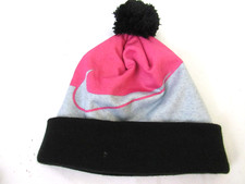 Nike Pink Gray Black Knit Cuff Beanie Skull Cap Pom Pom Youth Boy's 8-20