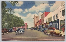 Postcard Lakeland Florida Main St Showing Vintage Cars Devoe Paint Posted 1951