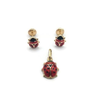 Set of Earrings and Pendant Made in Solid 18K Gold Ladybird Design