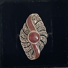 Vintage Sterling Silver Carnelian Marcasite Ring Size 6.5
