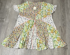 Free People XS Boho Patchwork Mini Dress Tunic Floral Paisley V-Neck Ruffle Hem