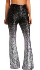 Womens Black/Silver Ombre Flare Sequin Pants Wide Elastic Waistband HighRise SzM