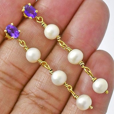 Elegant Natural Gemstone & Pearl Dangle Earrings in 18K Gold Over Brass TGE1010