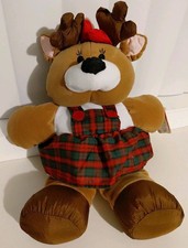 Vtg Girl Reindeer Plush,Plaid Dress,Merry Makers,ChristmasGibsonGreetings 12 in.