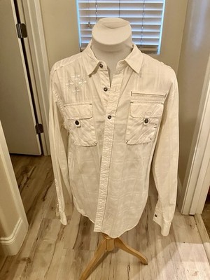 Affliction Buckle White Embroidered Button Up Shirt L Y2K Cross Back Logo Mens