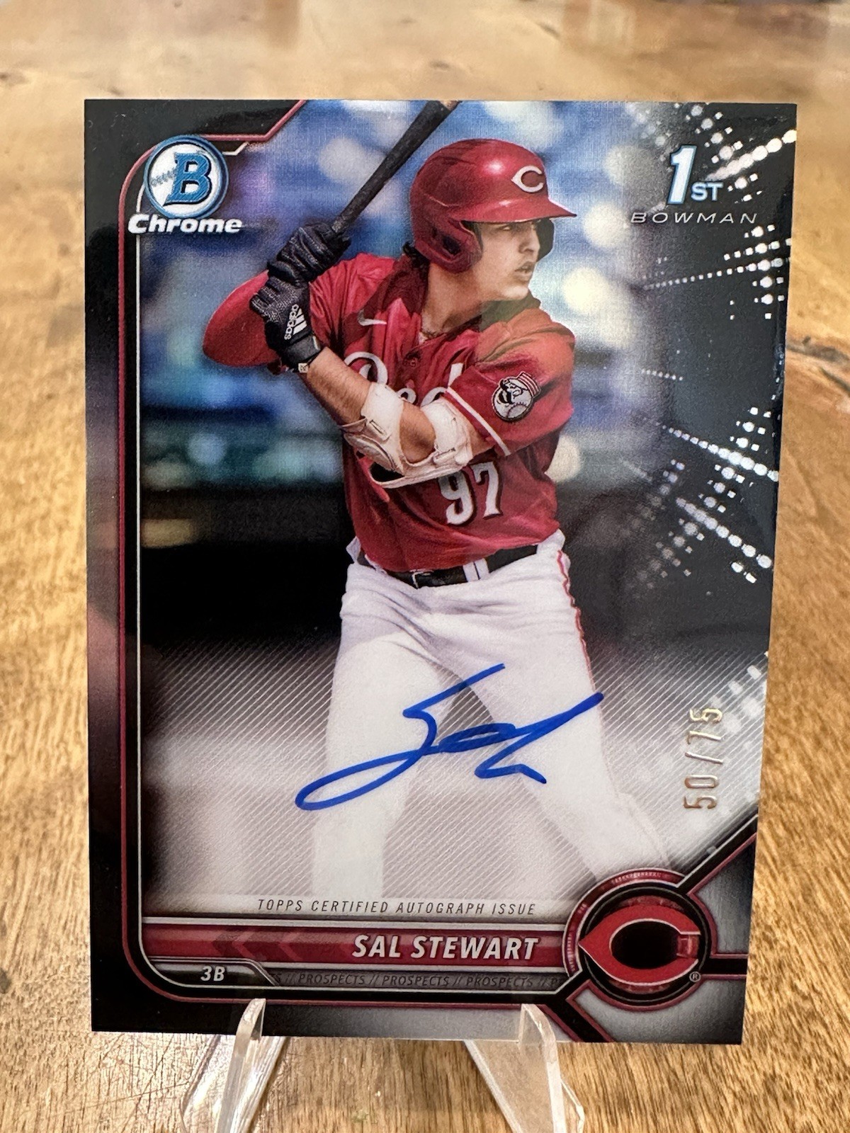 Bowman 2022 Draft Chrome Sal Stewart Autograph Black Refractor /75 Reds RC