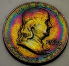 1959-D Franklin 50c Half Dollar Unc, FBL -  Rainbow Toned - 90% Silver Coin. 48