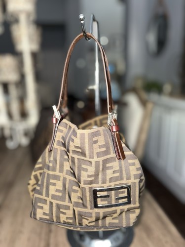 Fendi Brown Tan Zucca Logo Hobo Bag Double Handles Silver Hardware