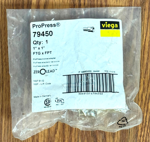 NEW 1PK Viega 79450 ProPress Bronze Adapter 1" x 1" FTG x FPT ~ Free Shipping