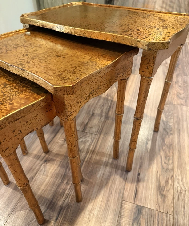 Nesting End Side Tables MCM Hollywood Regency Gilt Mottled Set of 3 Faux Bamboo - Image 2 of 4