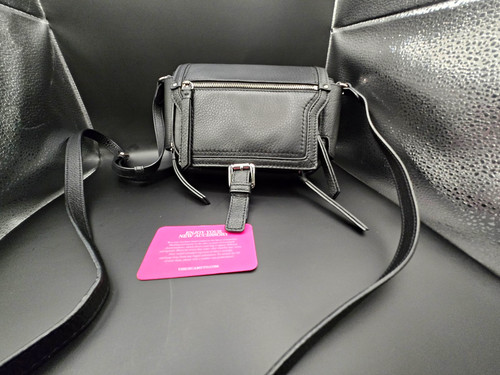 Vince Camuto Black Pebbled Crossbody Bag, Zip & Buckle, Silver Hardware